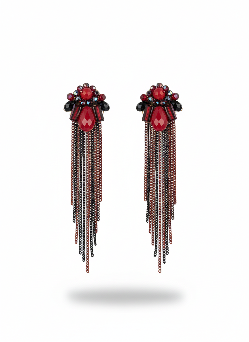 Red & Black Crystal Tassel Statement Earrings