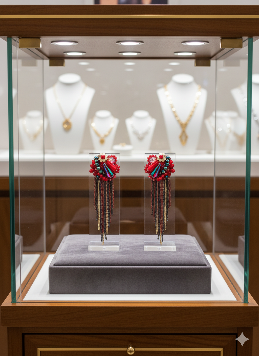 Red & Black Floral Tassel Statement Earrings