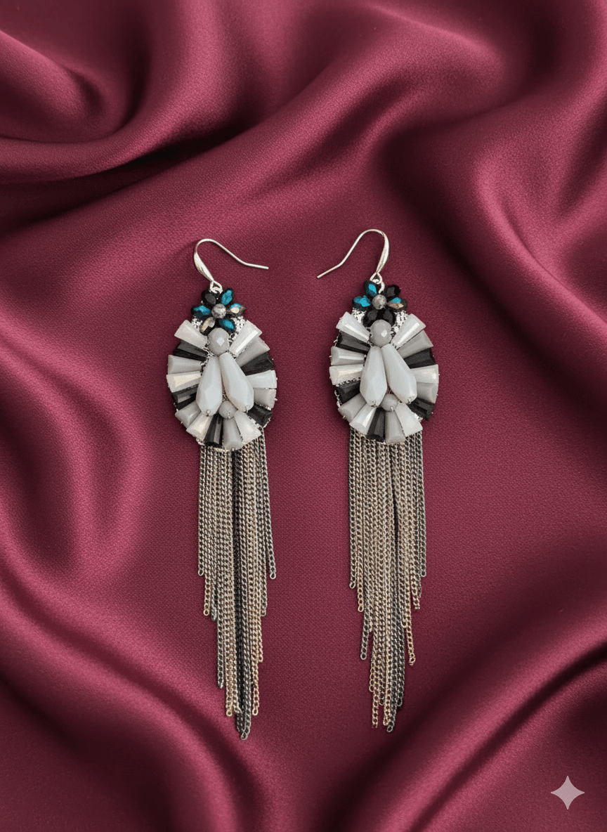 Black, Grey, and Blue Floral Earrings with Chain Tassels - MODA ACCESSORIES