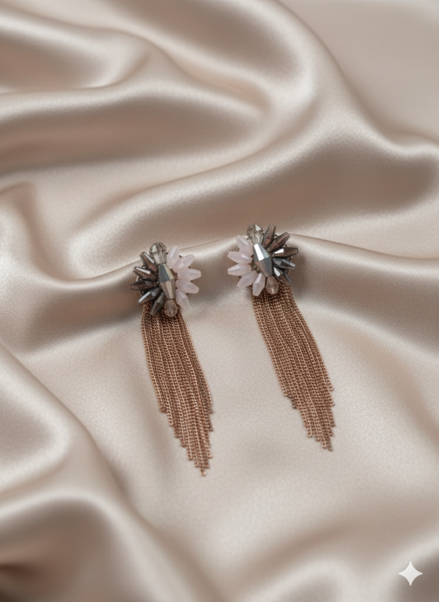 Rose Gold Crystal Tassel Statement Earrings