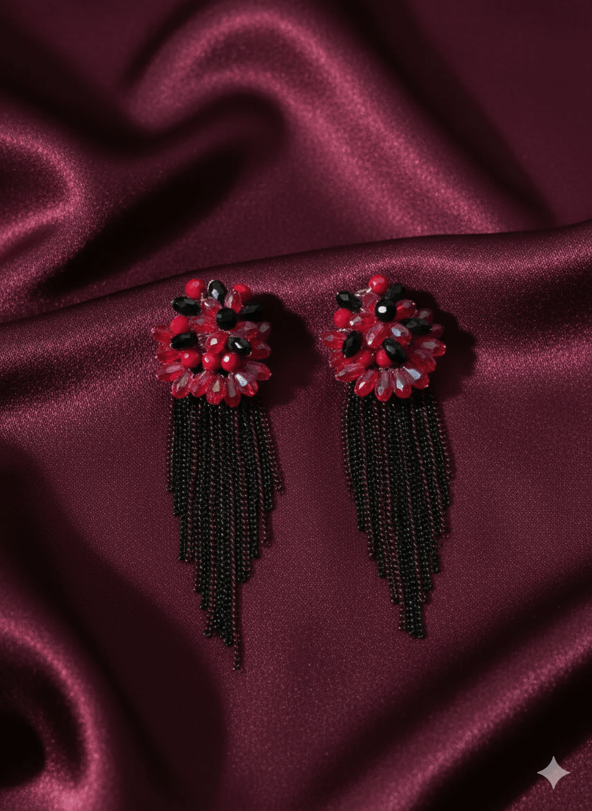 Red and Black Flower Earrings with Cascading Chain Tassels - MODA ACCESSORIES