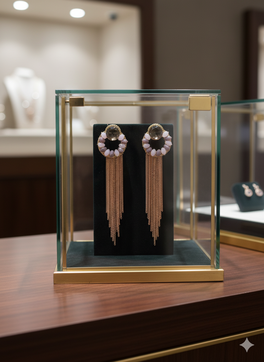 Smoky Crystal Hoop Tassel Earrings