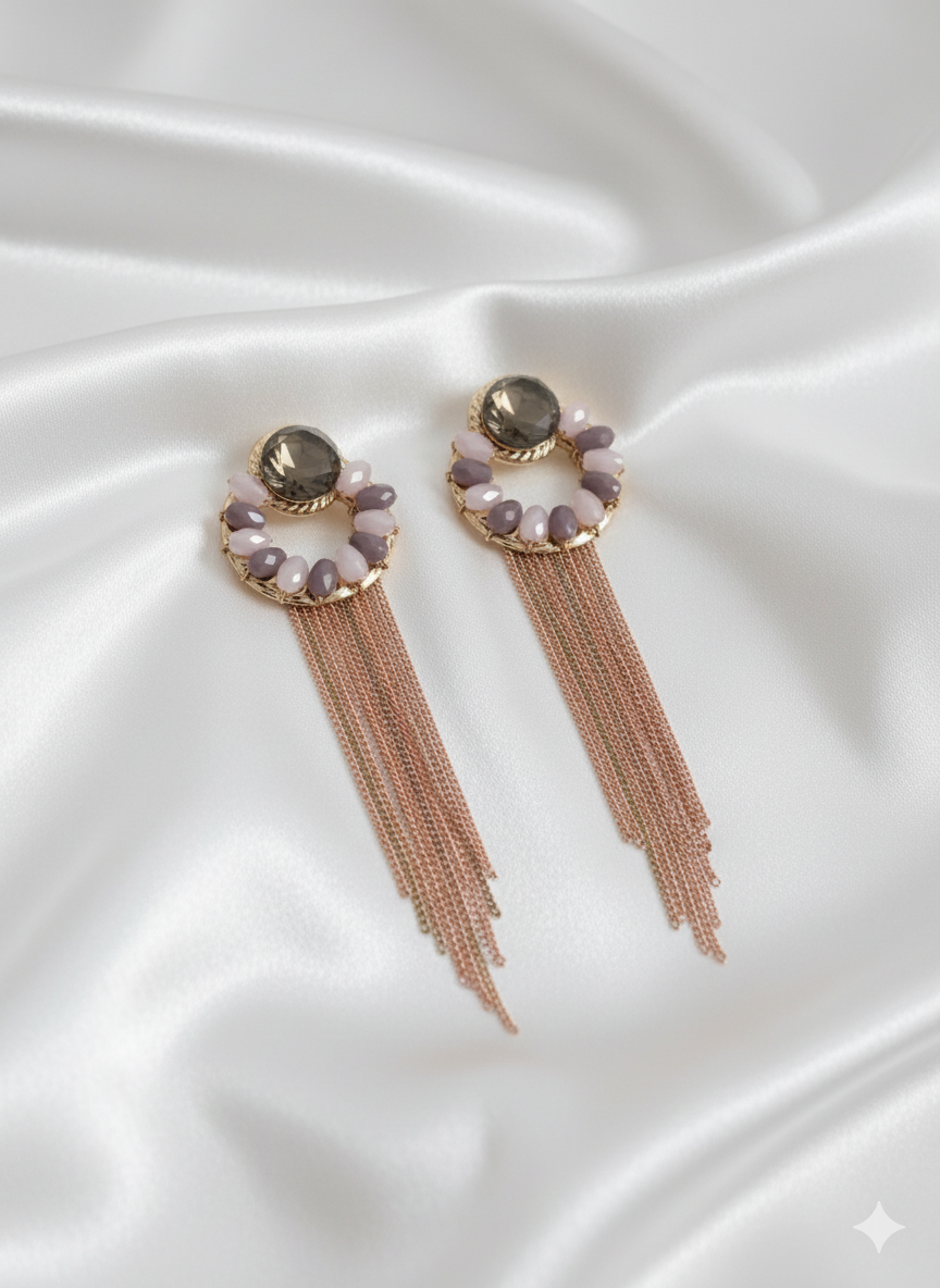 Smoky Crystal Hoop Tassel Earrings