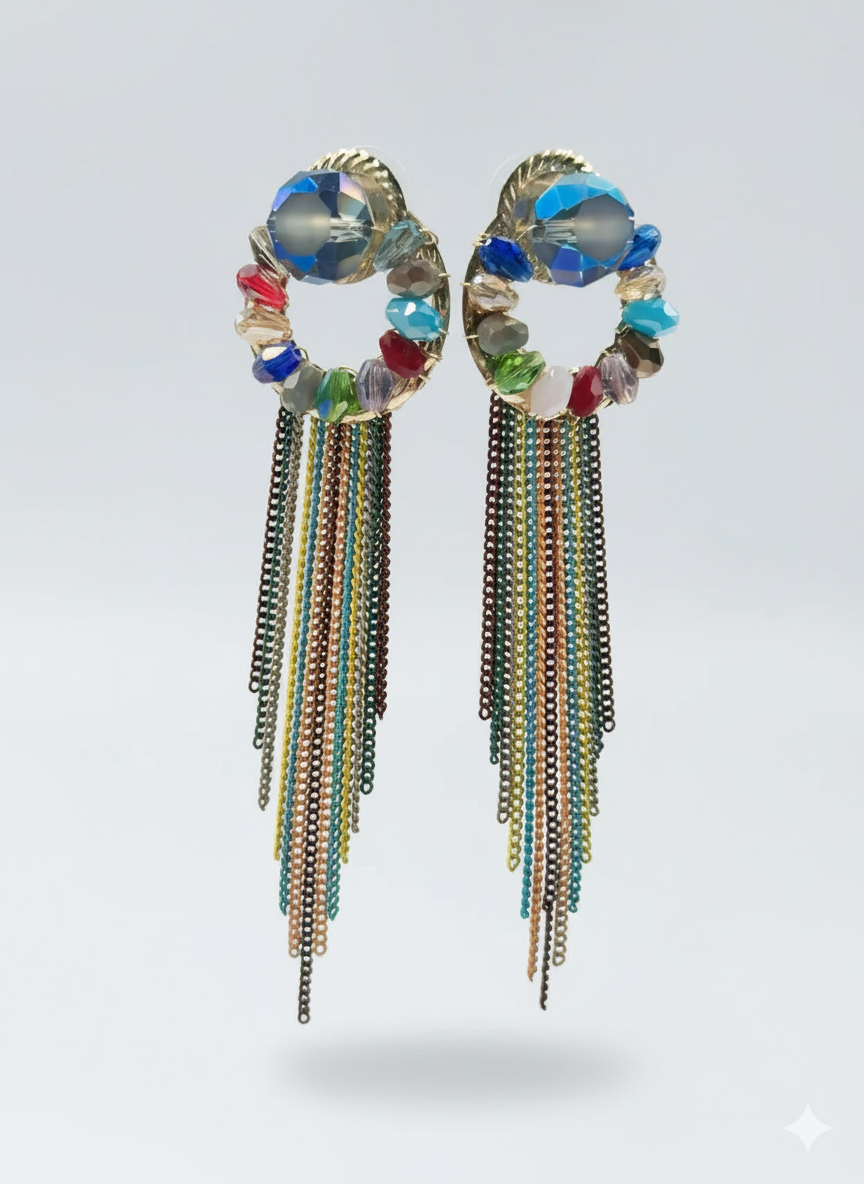 Multicolor Crystal Tassel Hoop Earrings