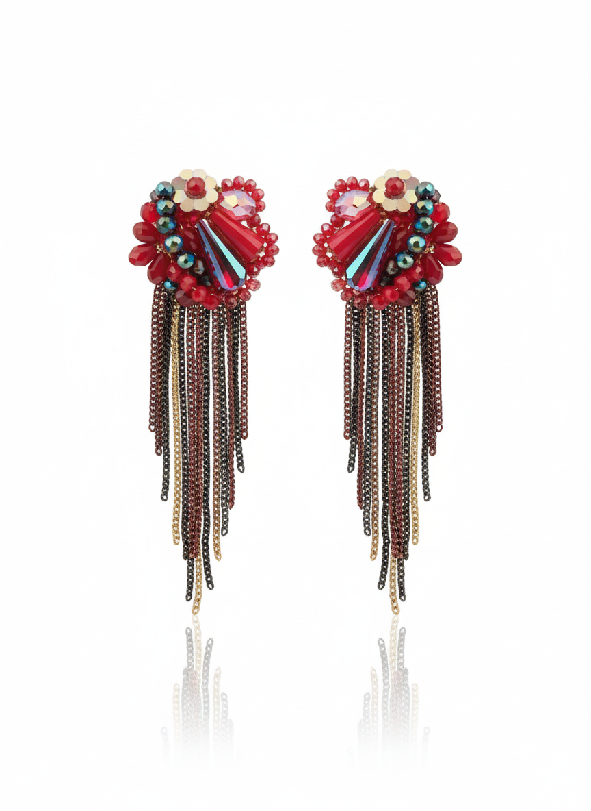 Red & Black Floral Tassel Statement Earrings