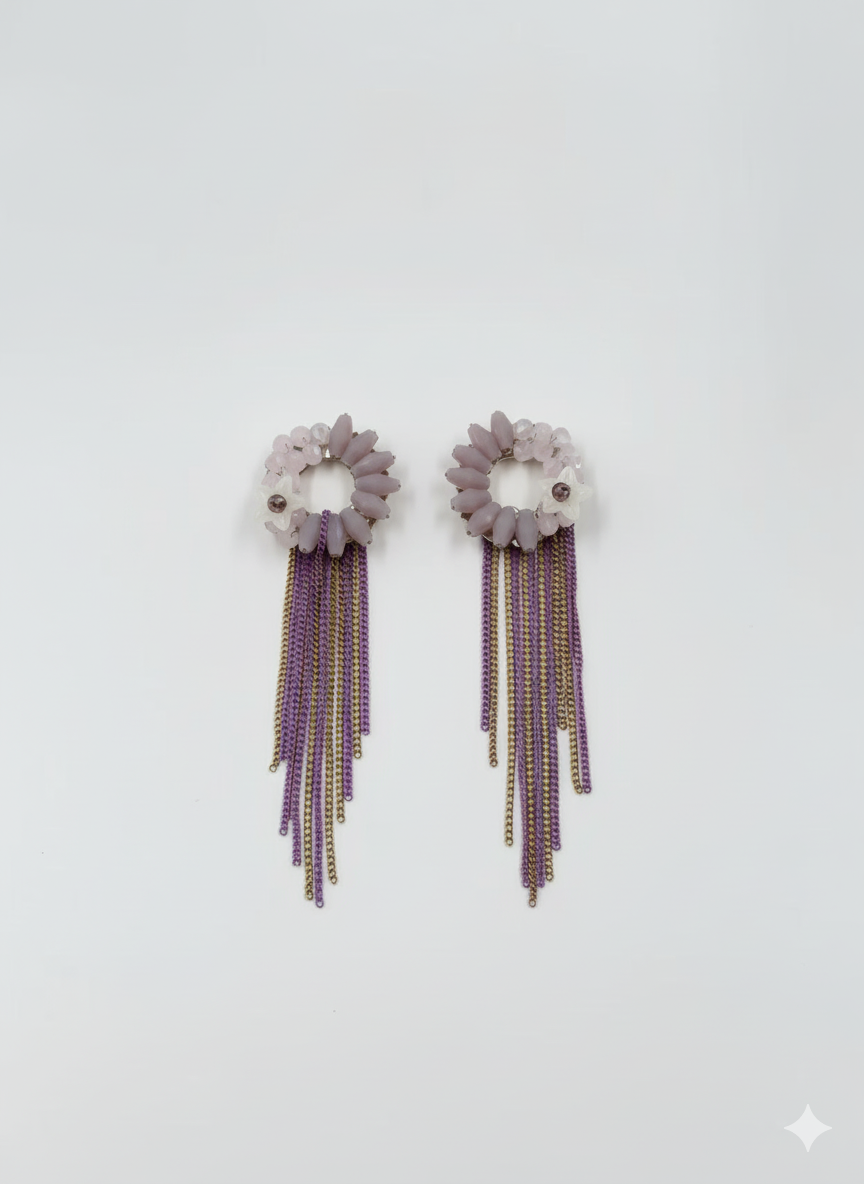 Lilac Beaded Loop Tassel Earrings
