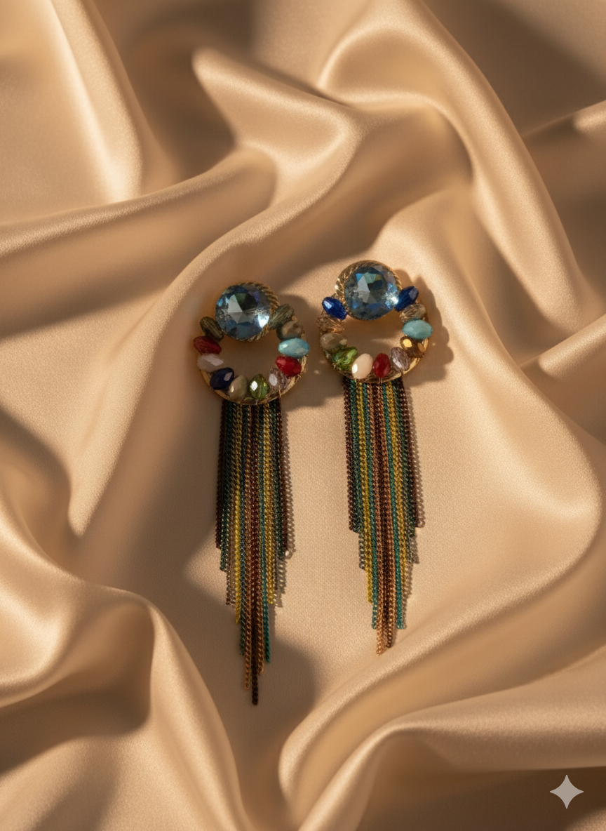 Multicolor Crystal Tassel Hoop Earrings