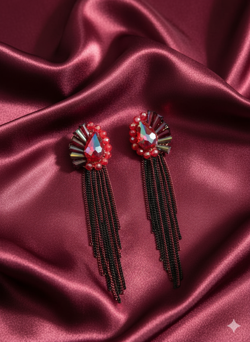 Radiant Red Teardrop Tassel Earrings