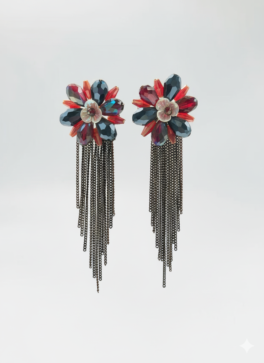 Midnight Red Floral Tassel Earrings