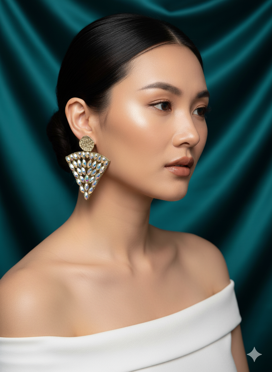 Golden Fan Crystal Statement Earrings