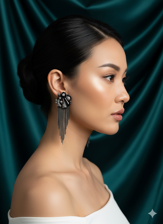 Black & Silver Crystal Tassel Statement Earrings