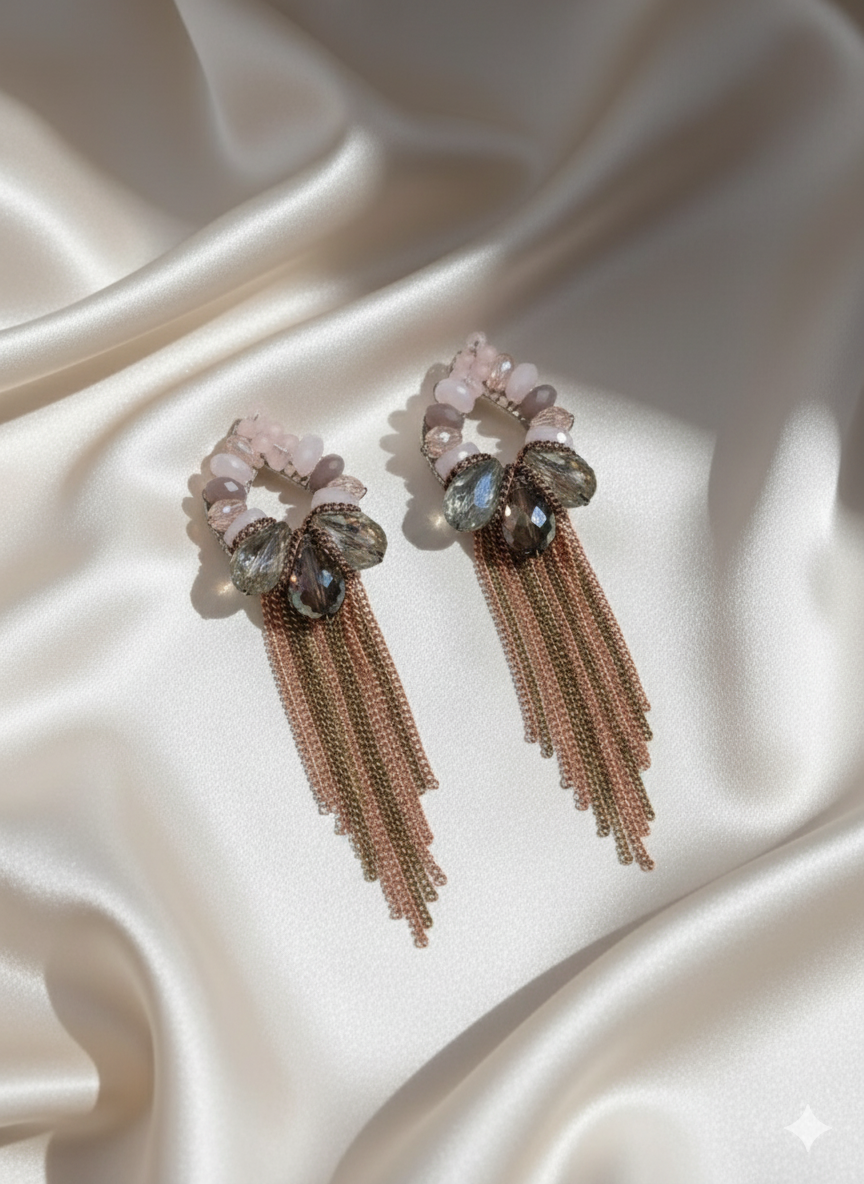 Iridescent Teardrop Blush Tassel Earrings