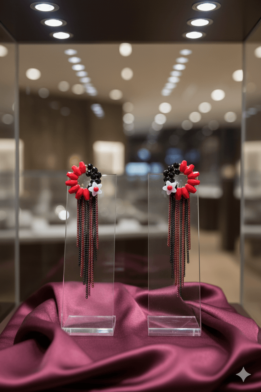 Red and Black Floral Earrings with Cascading Tassel Chains - MODA ACCESSORIES