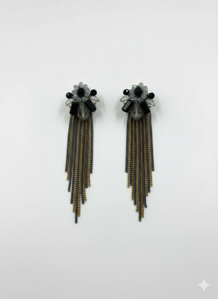 Elegant Black & Gold Floral Tassel Earrings