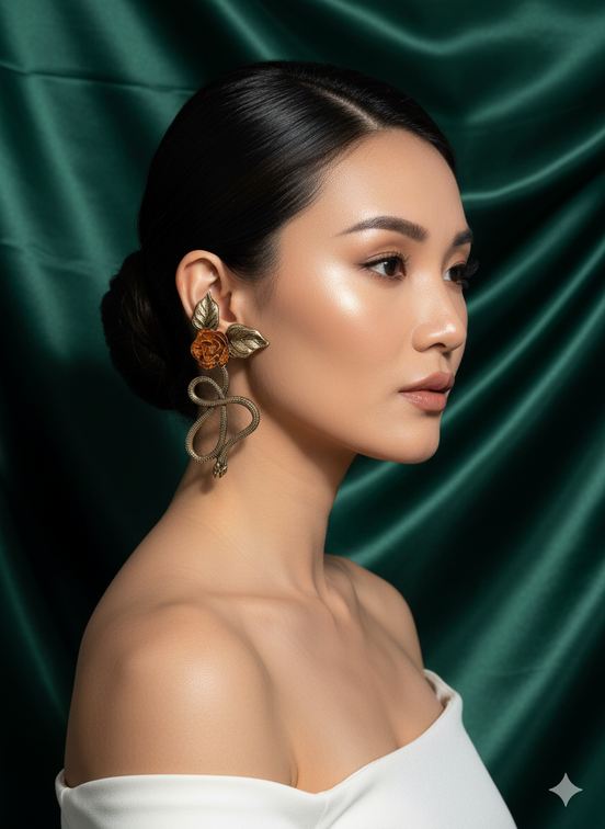 Antique Snake & Rose Drop Earrings