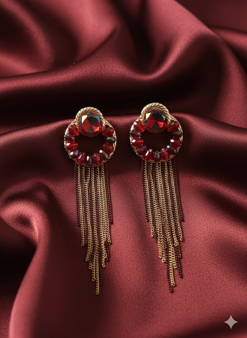 Burgundy Crystal Tassel Statement Earrings