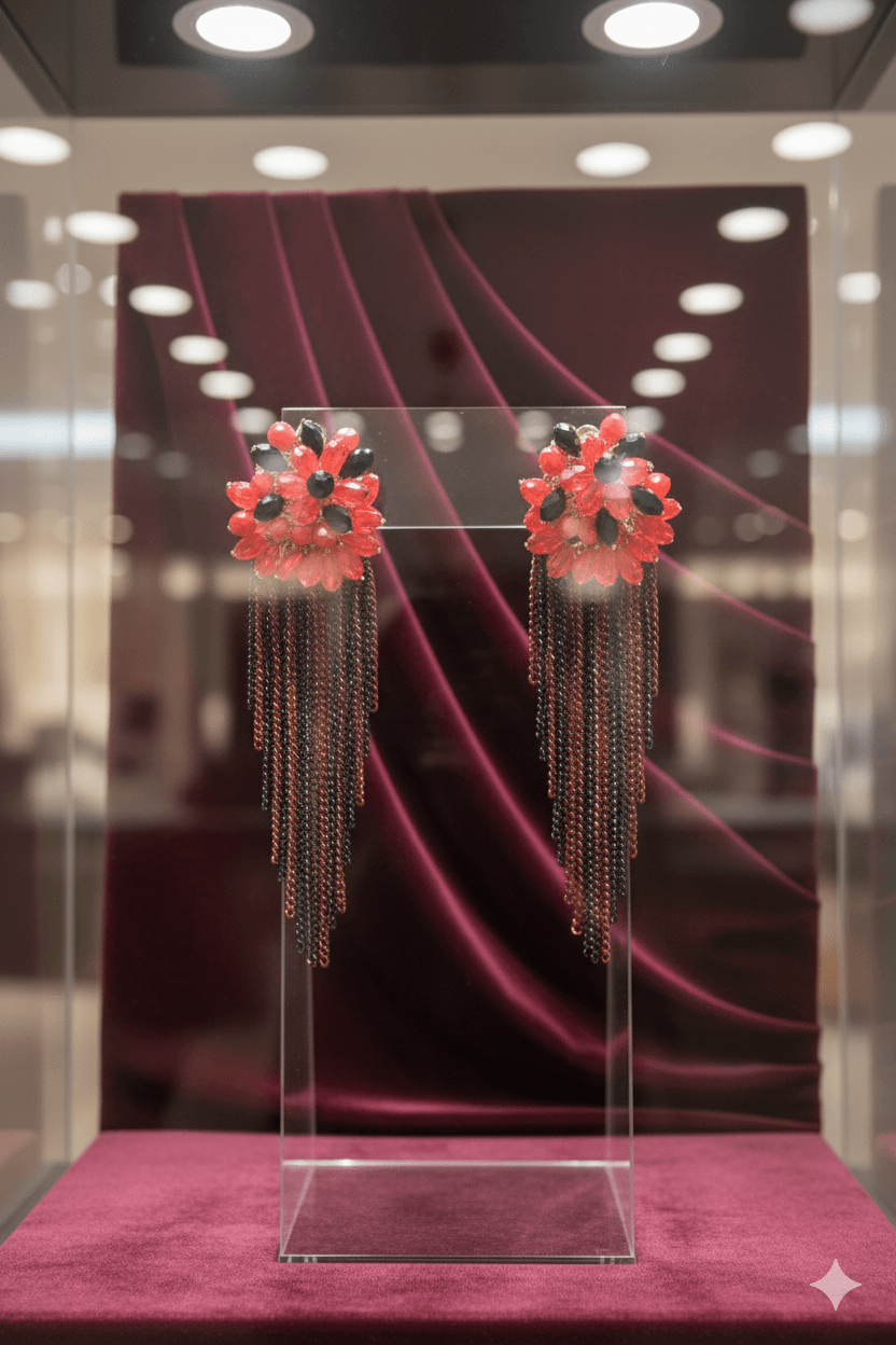 Red and Black Flower Earrings with Cascading Chain Tassels - MODA ACCESSORIES