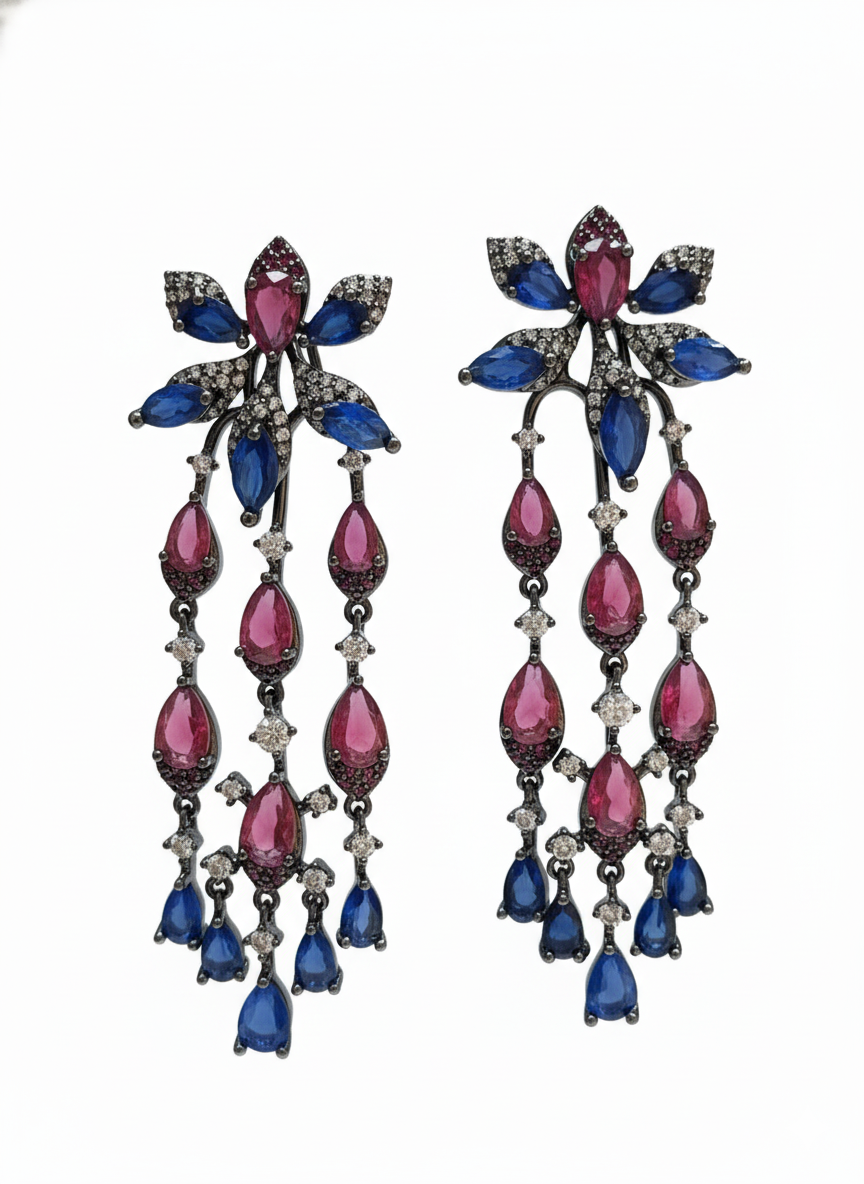 Royal Sapphire & Ruby Chandelier Earrings – Luxury Crystal Drop Earrings for Women