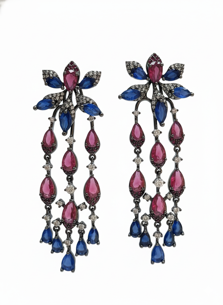Royal Sapphire & Ruby Chandelier Earrings – Luxury Crystal Drop Earrings for Women