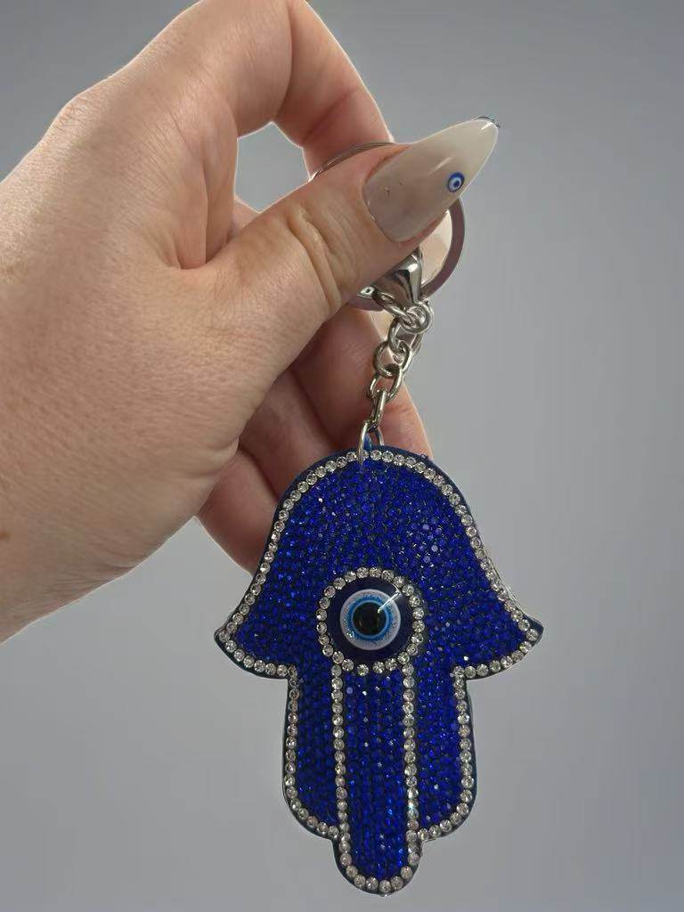 Crystal Hamsa Hand Keychain – Sparkling Blue Rhinestone Evil Eye Protection Charm & Key Ring - MODA ACCESSORIES