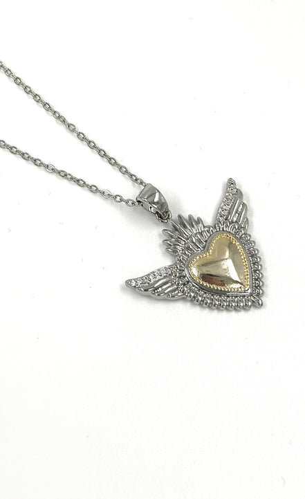 Silver & Gold Winged Heart Necklace – Stainless Steel | MODA Accessories