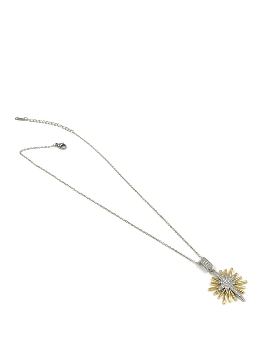 Silver & Gold Sunburst Necklace – Stainless Steel with Crystals | MODA Accessories