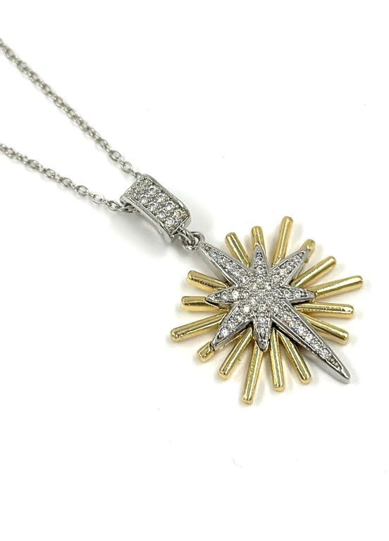 Silver & Gold Sunburst Necklace – Stainless Steel with Crystals | MODA Accessories