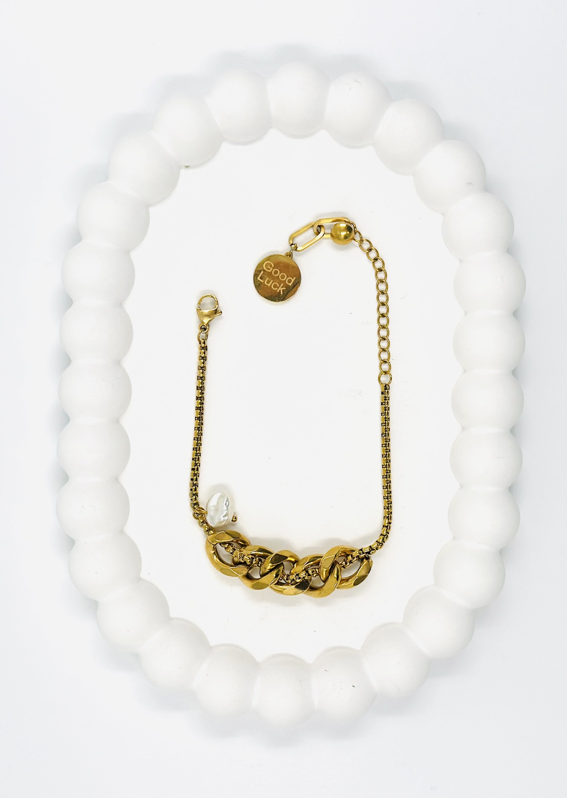 Gold Chain Link Bracelet with Pearl Charm – Stainless Steel | MODA Accessories