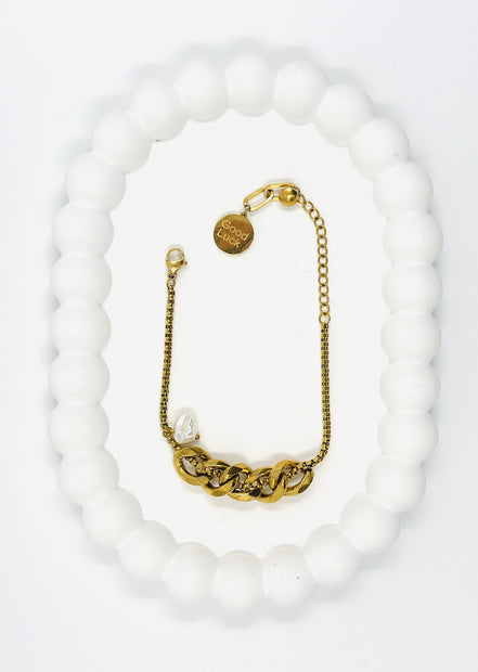 Gold Chain Link Bracelet with Pearl Charm – Stainless Steel | MODA Accessories