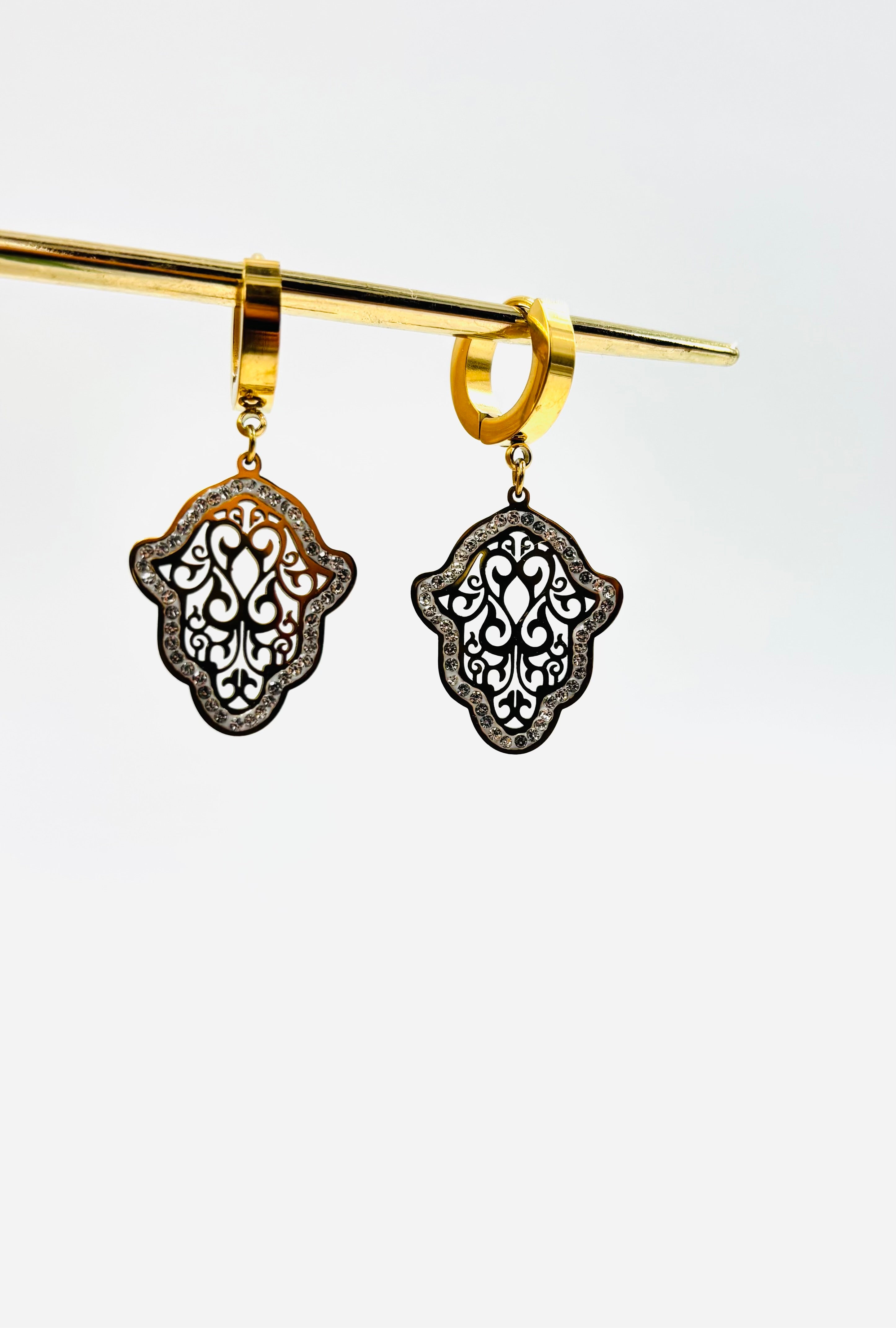 Gold Filigree Hamsa Drop Earrings – Stainless Steel | MODA Accessories