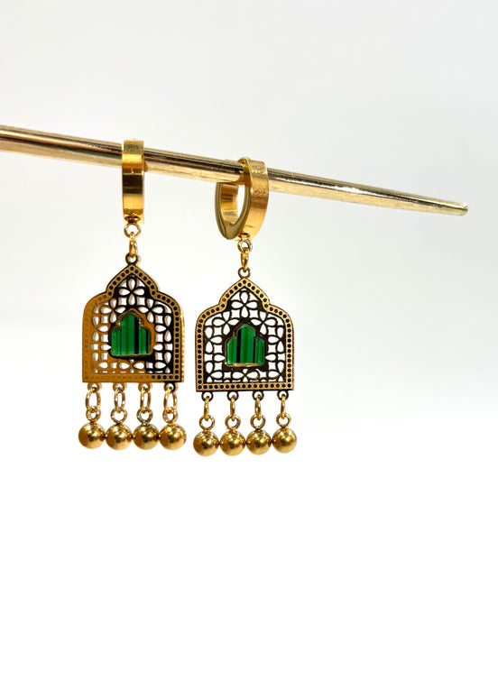 Gold & Green Arabic Window Drop Earrings – Stainless Steel | MODA Accessories