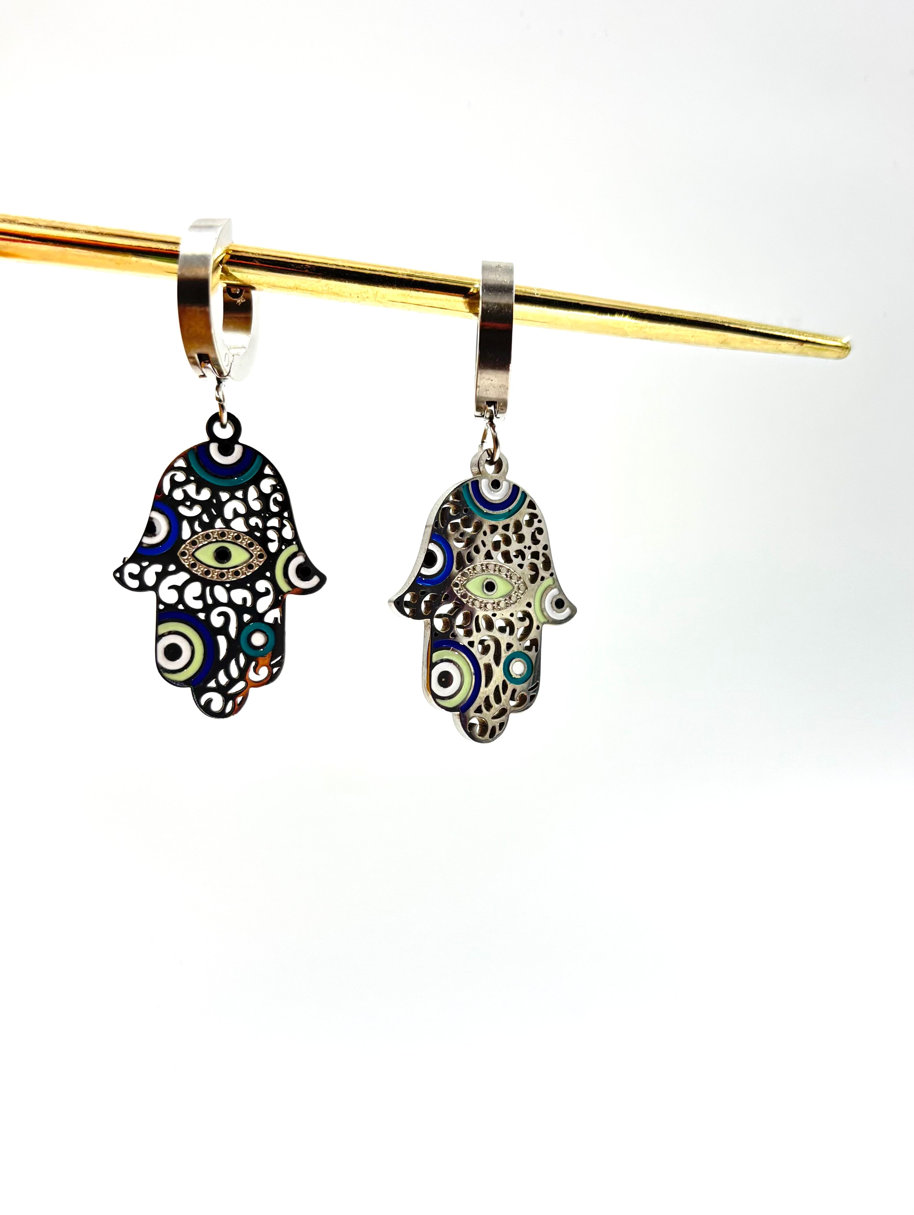 Silver Hamsa Evil Eye Drop Earrings – Stainless Steel | MODA Accessories