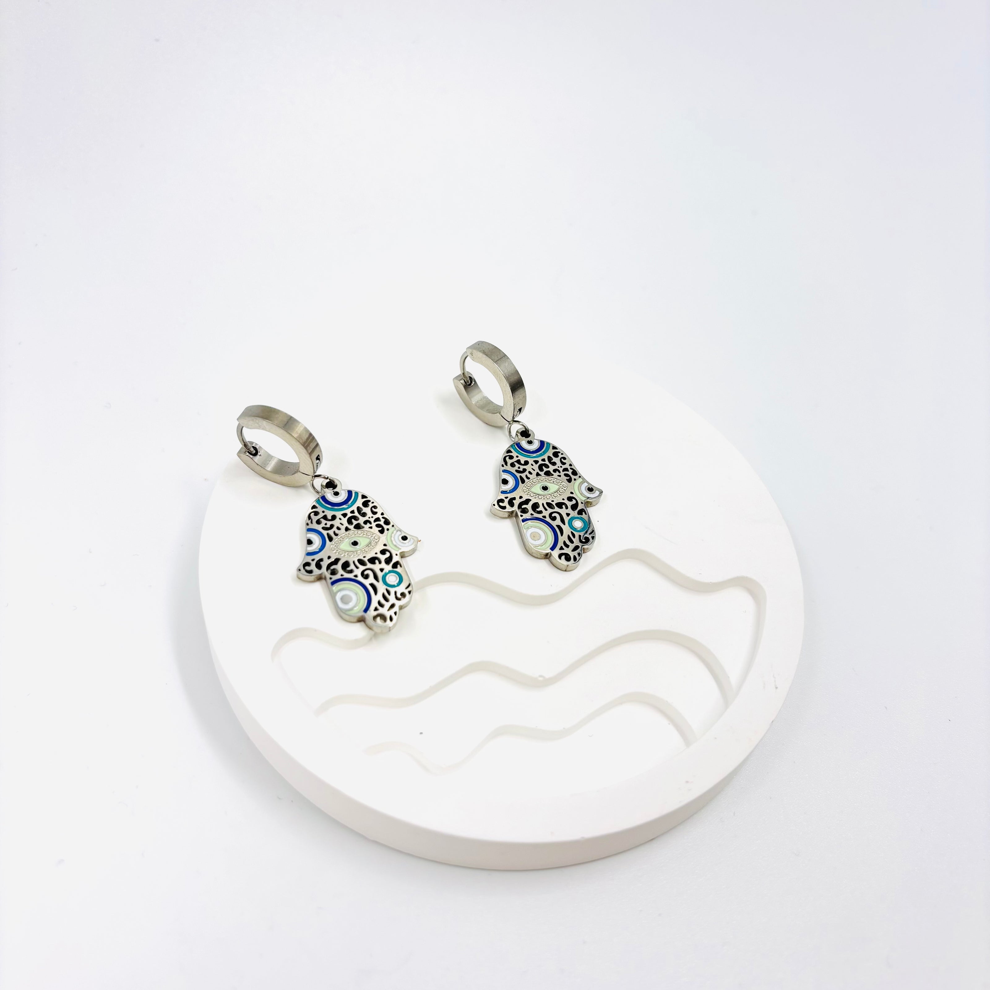 Silver Hamsa Evil Eye Drop Earrings – Stainless Steel | MODA Accessories