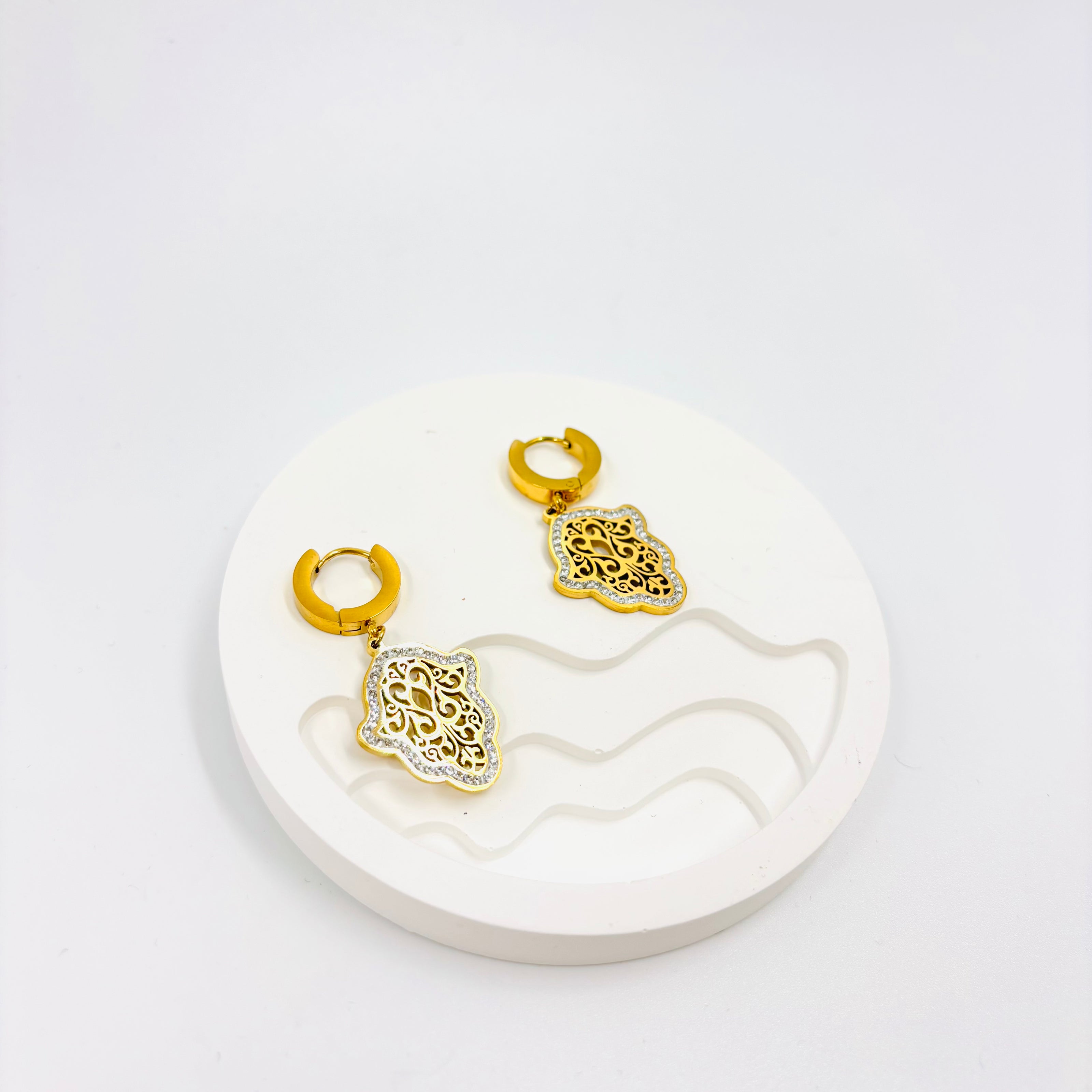 Gold Filigree Hamsa Drop Earrings – Stainless Steel | MODA Accessories