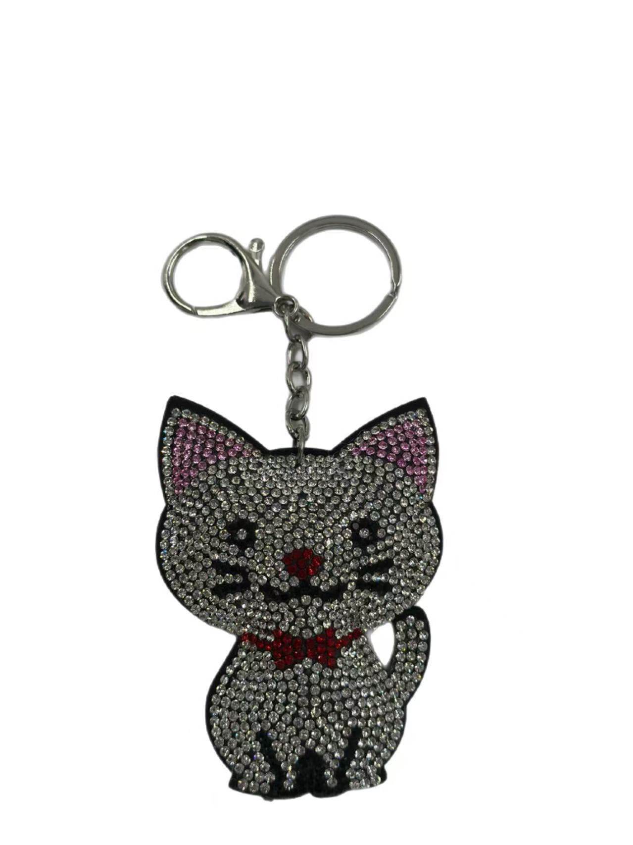 Crystal Rhinestone Cat Keychain – Sparkling Kitty Charm with Red Bow Tie - MODA ACCESSORIES