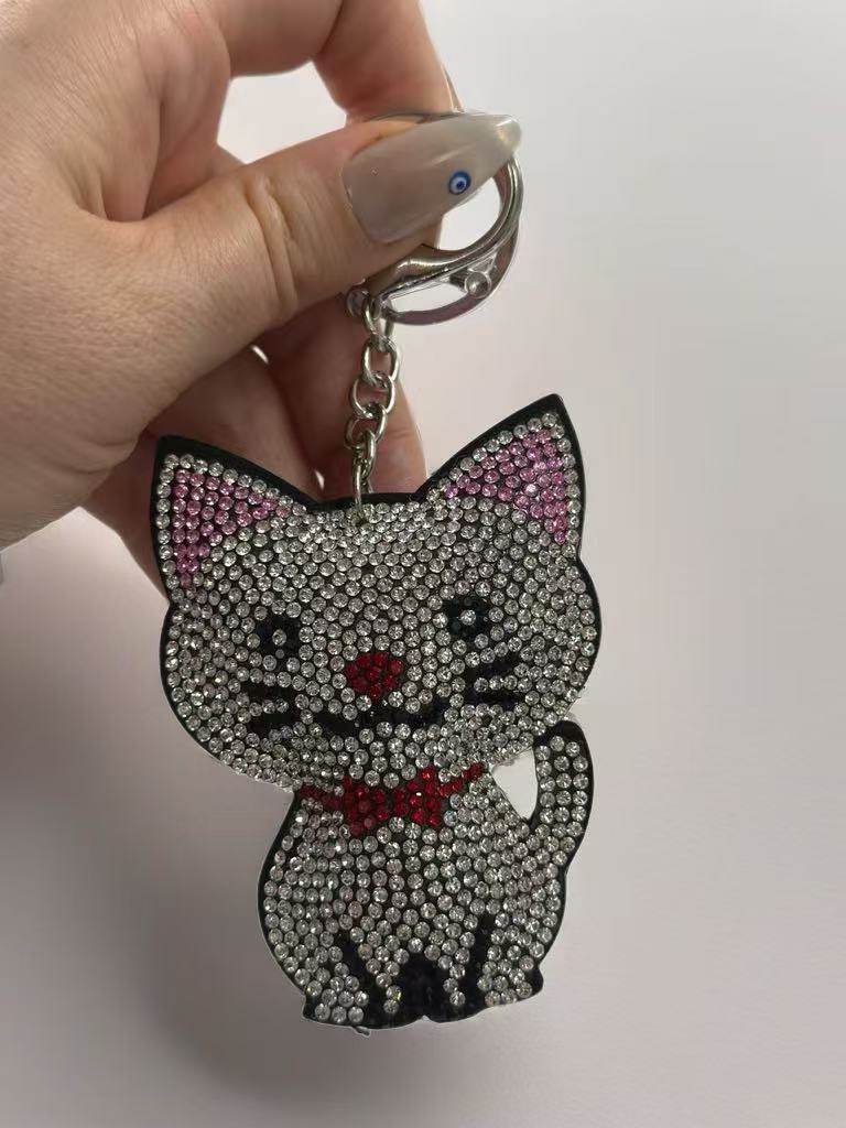 Crystal Rhinestone Cat Keychain – Sparkling Kitty Charm with Red Bow Tie - MODA ACCESSORIES