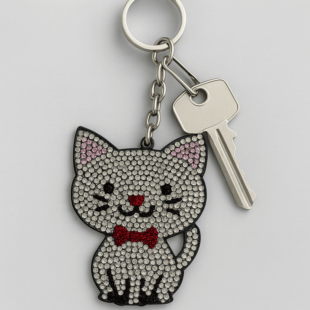 Crystal Rhinestone Cat Keychain – Sparkling Kitty Charm with Red Bow Tie - MODA ACCESSORIES
