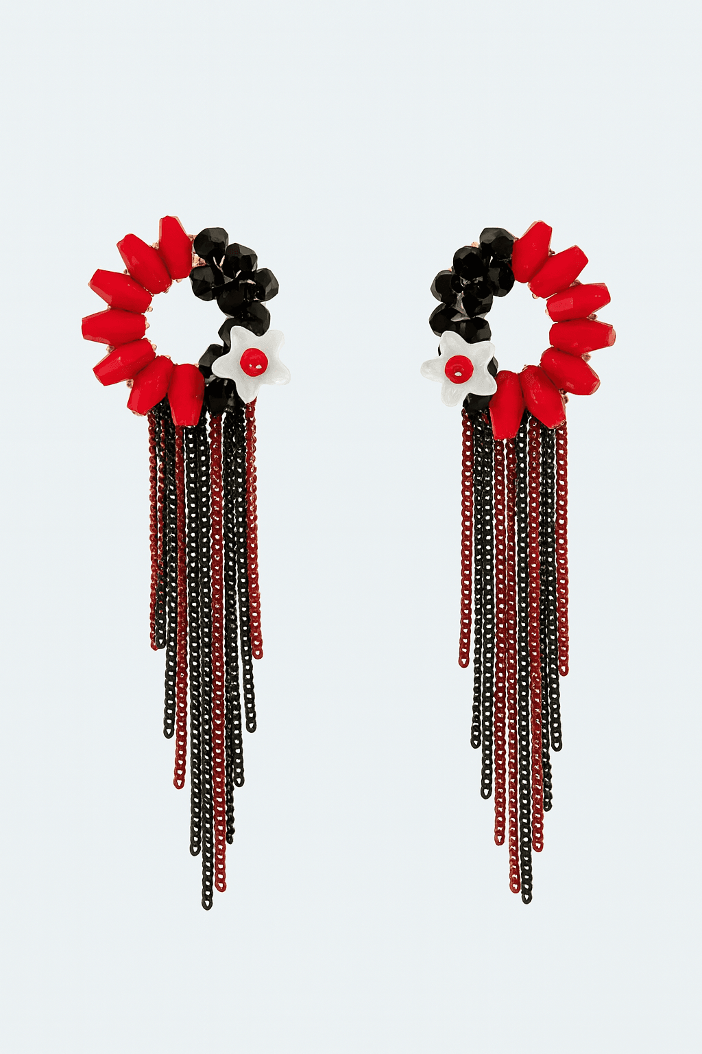 Red and Black Floral Earrings with Cascading Tassel Chains - MODA ACCESSORIES