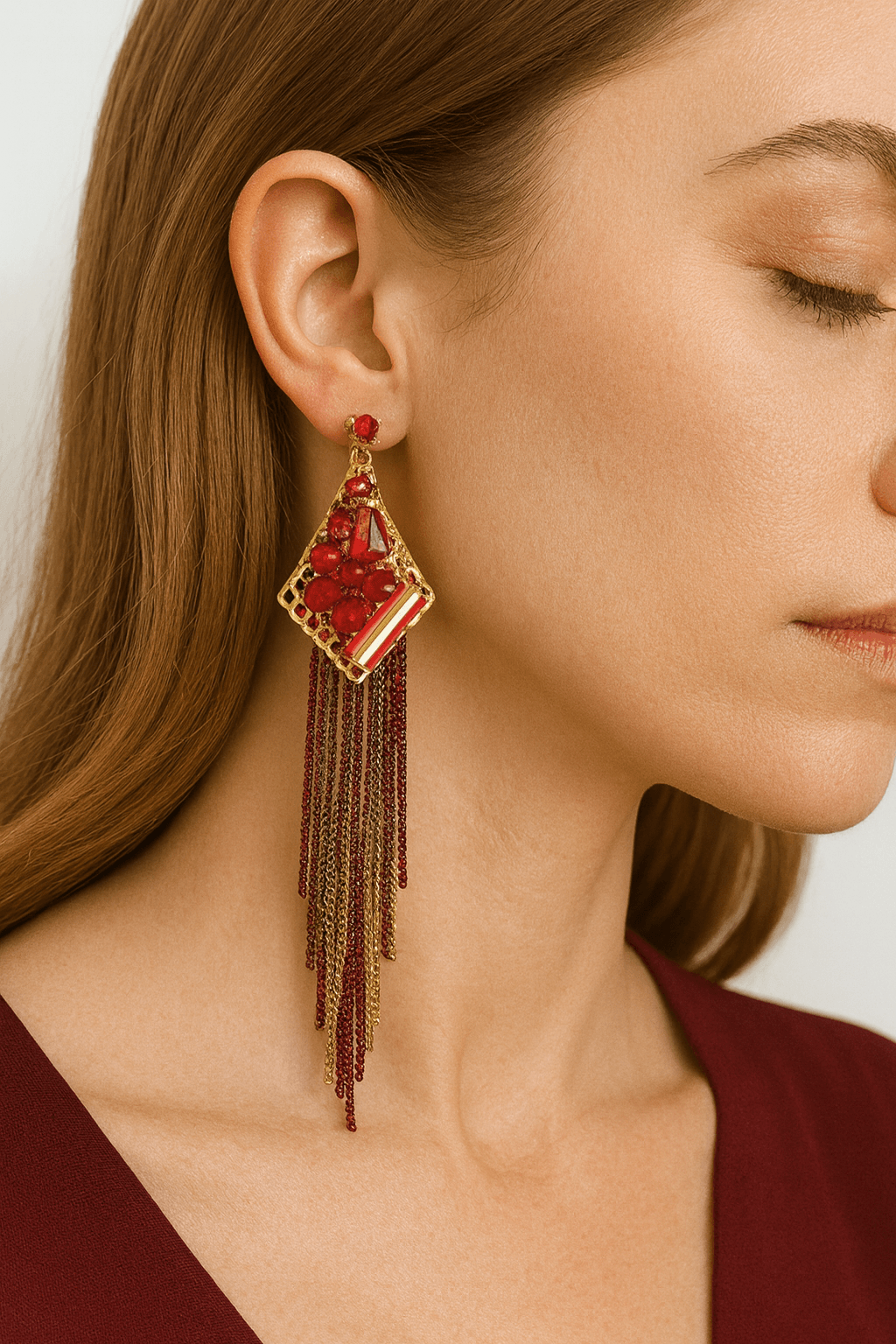 Red Floral Earrings with Geometric Design and Tassel Chains - MODA ACCESSORIES
