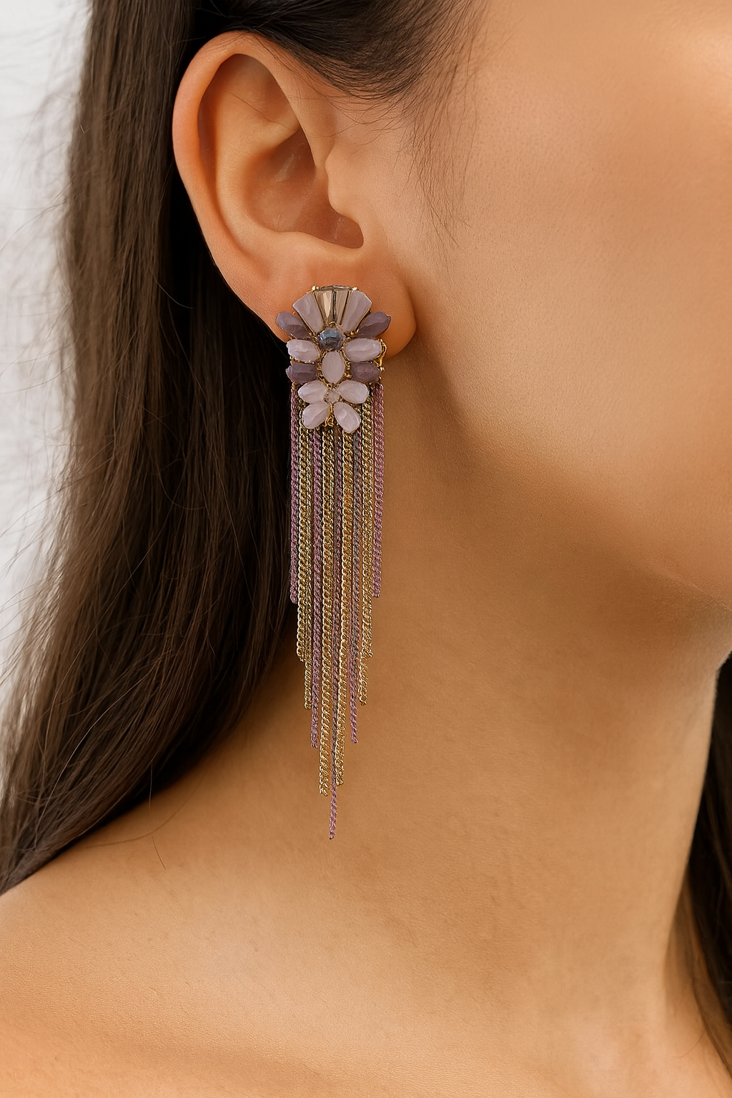 Purple & Gold Crystal Tassel Statement Earrings