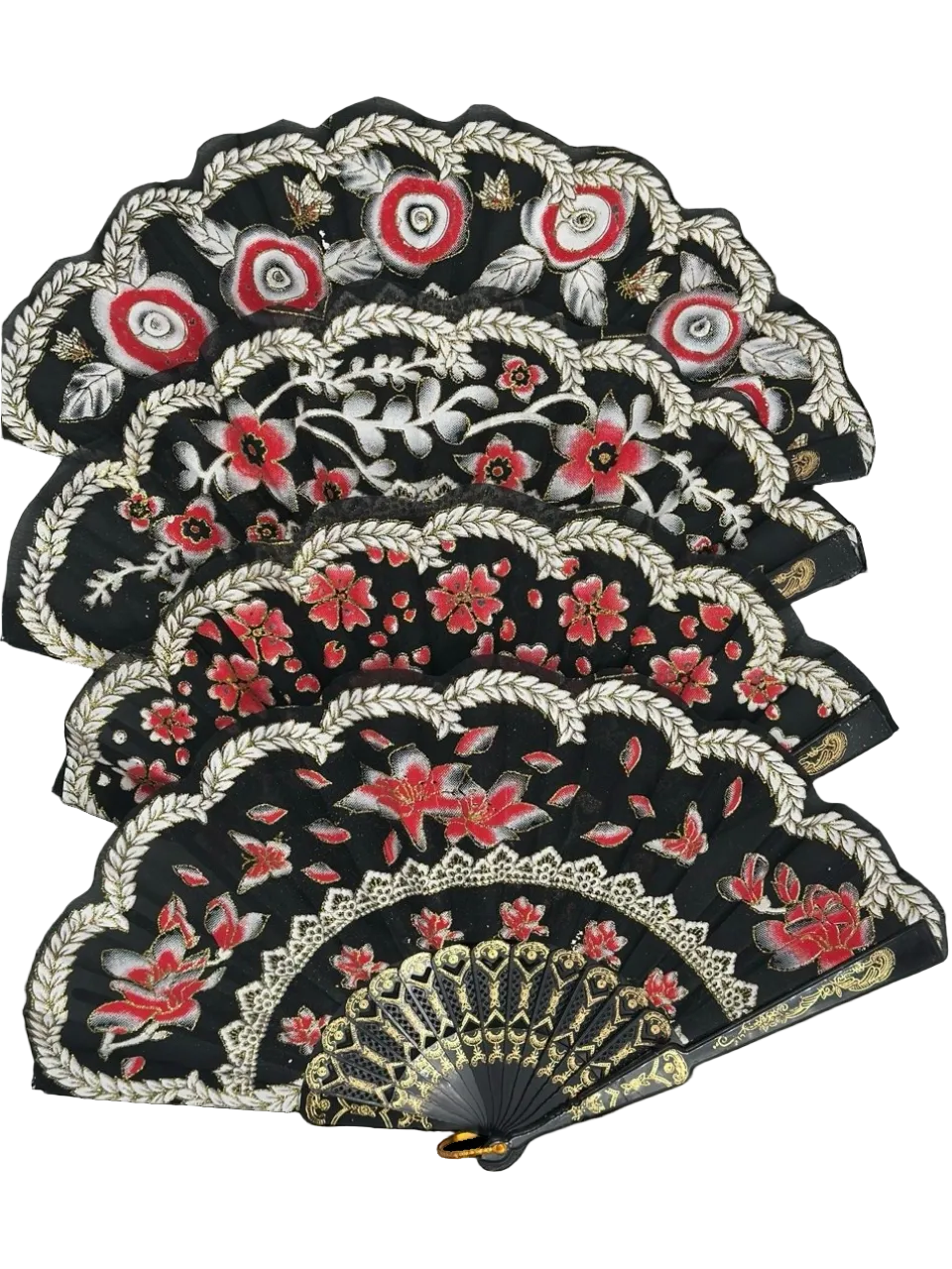 Siyah ve Kırmızı Çiçekli Dantel Katlanabilir Yelpaze 26 cm – Zarif Vintage Tarzı Yelpaze