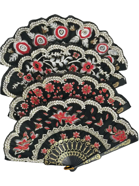 Siyah ve Kırmızı Çiçekli Dantel Katlanabilir Yelpaze 26 cm – Zarif Vintage Tarzı Yelpaze