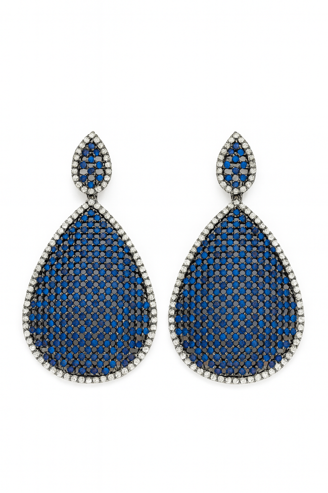 Blue Sapphire Drop Earrings with White Crystal Accents – Luxury Statement Evening Jewelry