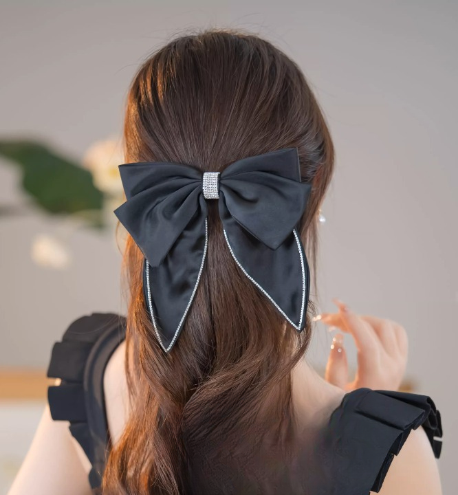 Elegant Black Satin Bow Hair Clip with Crystal Trim