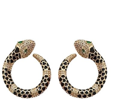 Luxury Gold Snake Hoop Earrings with Black Enamel and Green Crystal Eyes