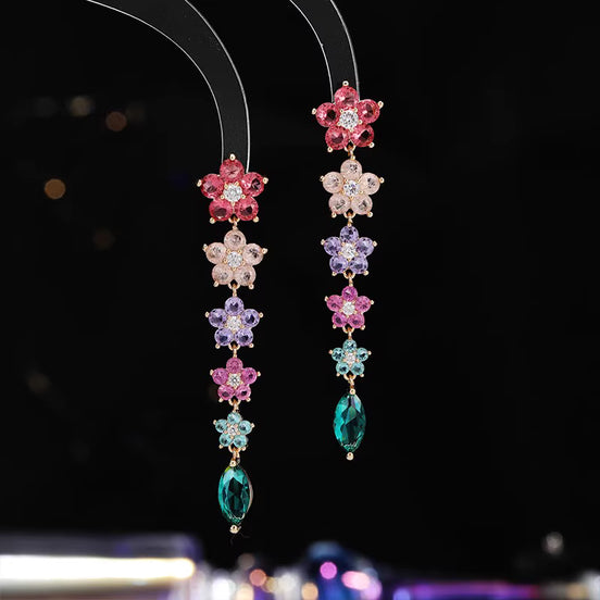 Multicolor Floral Drop Earrings – Elegant Gold-Plated Crystal Dangle Earrings for Women