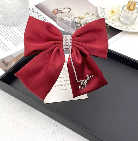 Luxury Red Satin Bow Hair Clip with Crystal & Charm Detail