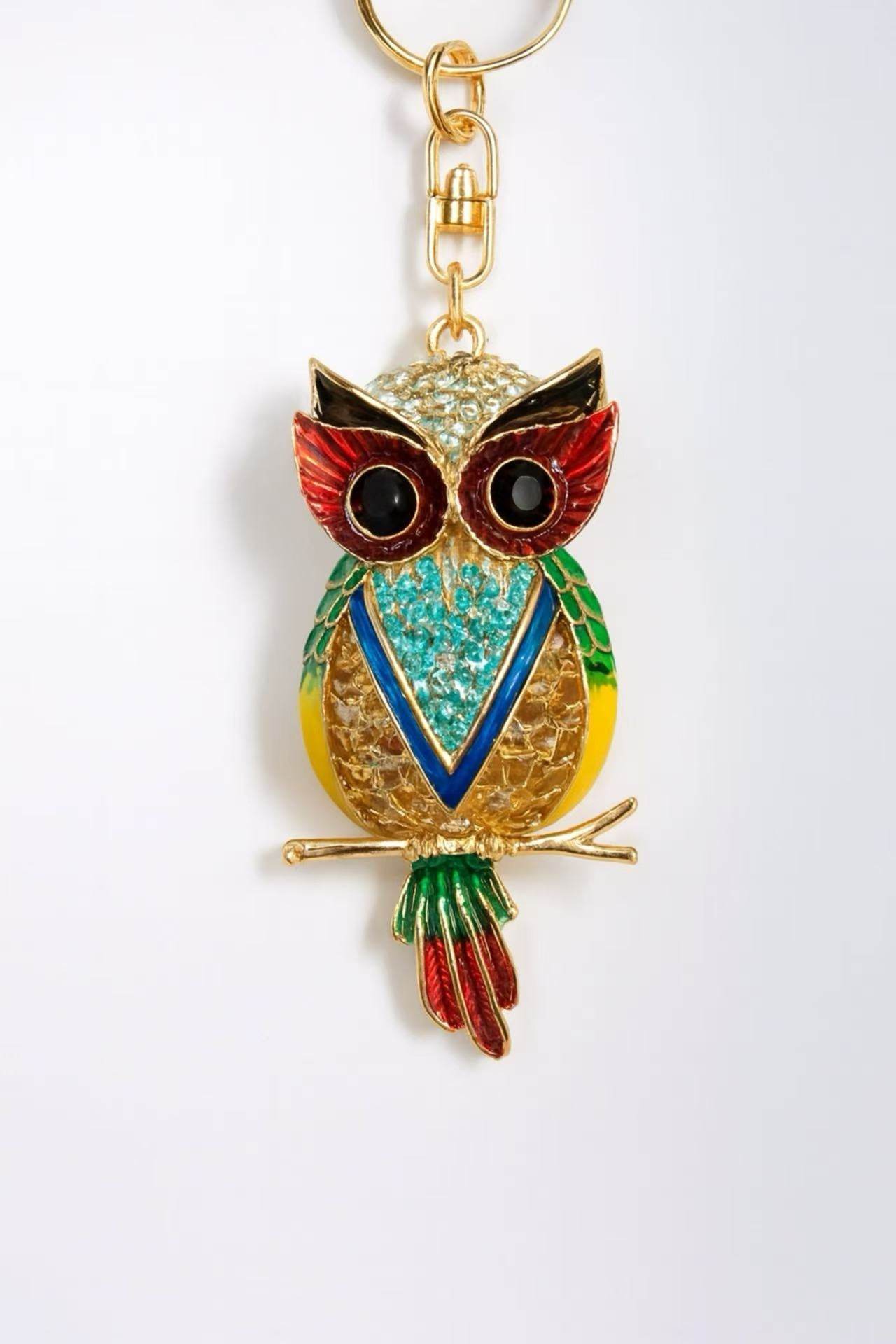 Colorful Crystal Owl Keychain – Enamel & Rhinestone Gold-Tone Bag Charm - MODA ACCESSORIES