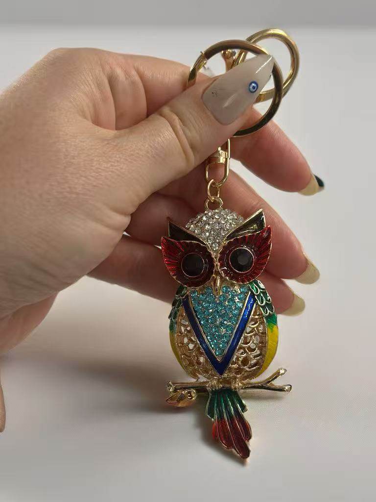 Colorful Crystal Owl Keychain – Enamel & Rhinestone Gold-Tone Bag Charm - MODA ACCESSORIES