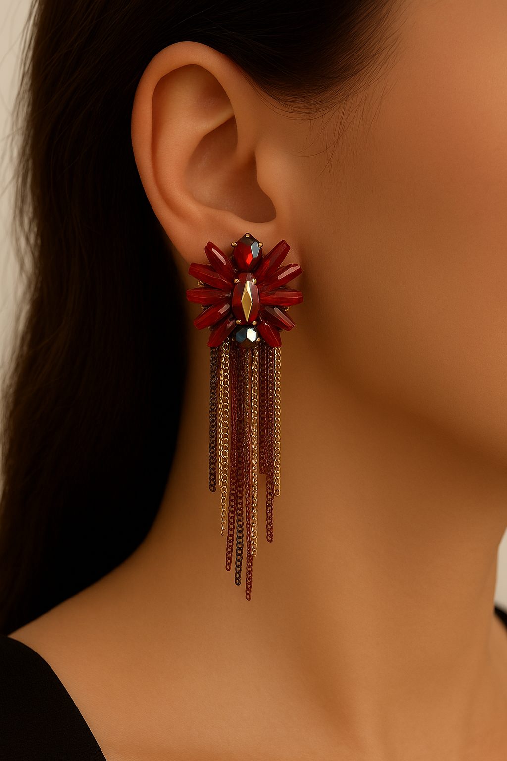 Red Gold Crystal Tassel Earrings – Handmade Statement Dangle Earrings for Women
